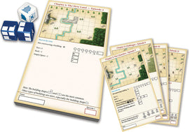 My City Roll & Build game components including multiple challenge sheets with intricate landscape designs, scoring and building instructions, accompanied by three wooden dice. The game emphasizes strategic planning and resource management for land development.