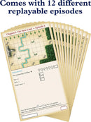 A stack of game sheets for 'My City Roll & Build' featuring a map layout, markers for resources like trees, rocks, and empty spaces, and scoring instructions. Each sheet corresponds to one of the 12 replayable episodes, encouraging strategic gameplay and creativity.