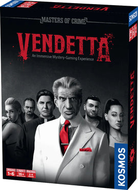 Masters of Crime: Vendetta board game by Thames & Kosmos, featuring intriguing character artwork on the box. Designed for 1-6 players aged 16 and above, this immersive mystery game provides a thrilling experience lasting 2-4 hours.