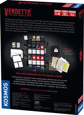 Masters of Crime: Vendetta by Thames & Kosmos is a cooperative mystery game for 1-6 players aged 16 and up. Set in rain-soaked New York City, players investigate family members, analyze documents, and use online resources to uncover a traitor. The game includes 72 playing cards, envelopes, a detective board, and evidence documents, providing an immersive gameplay experience that lasts 2-4 hours.