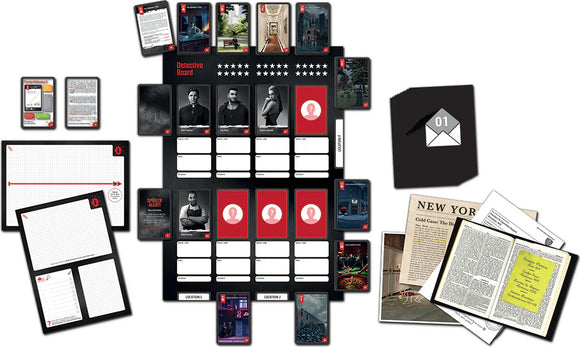 Masters of Crime: Vendetta game by Thames & Kosmos, featuring a detective board filled with character cards, investigation notes, and a sealed envelope. The game encourages strategic thinking and problem-solving as players work to solve complex mysteries.