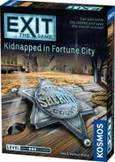 Exit: Kidnapped in Fortune City game box featuring a sheriff's badge on a wooden surface, with hints of a desert landscape, and the tagline inviting players to solve riddles and save the sheriff. The packaging indicates game difficulty levels from novice to expert.