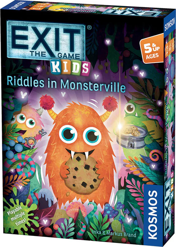 A colorful box for 'EXIT: Kids - Riddles in Monsterville' game by Thames & Kosmos. The design features cute, friendly monsters and vibrant foliage, enticing young players. The game is suitable for ages 5 and up and encourages problem-solving through fun riddles.