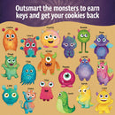 A colorful board game titled 'EXIT: Kids - Riddles in Monste' by Thames & Kosmos. The image features playful, cartoonish monster characters with various colors and expressions, showcasing a fun, engaging design for children. Each monster has a name, including Cookie, Fluffy, and Jonah, encouraging kids to outsmart them in a quest to retrieve cookies.
