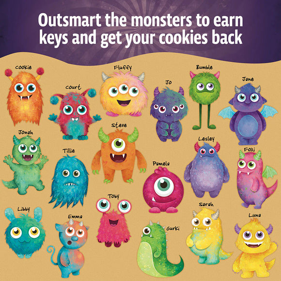 A colorful board game titled 'EXIT: Kids - Riddles in Monste' by Thames & Kosmos. The image features playful, cartoonish monster characters with various colors and expressions, showcasing a fun, engaging design for children. Each monster has a name, including Cookie, Fluffy, and Jonah, encouraging kids to outsmart them in a quest to retrieve cookies.