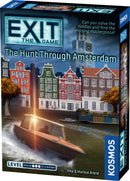 The box of 'Exit: The Hunt Through Amsterdam' game by Thames & Kosmos, featuring a serene canal scene in Amsterdam with colorful buildings and a boat, emphasizing the challenge of solving riddles to find a missing masterpiece.