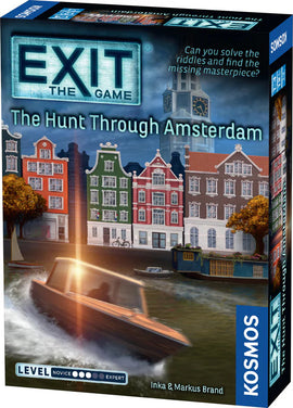 The box of 'Exit: The Hunt Through Amsterdam' game by Thames & Kosmos, featuring a serene canal scene in Amsterdam with colorful buildings and a boat, emphasizing the challenge of solving riddles to find a missing masterpiece.