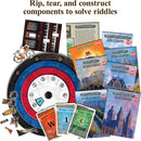 Exit: The Hunt Through Amsterdam game set by Thames & Kosmos featuring various game components including riddles, a scoring wheel, cards, and themed illustrations of Amsterdam landmarks. The game encourages players to rip, tear, and construct items to solve intriguing puzzles.