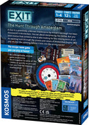 The product packaging for 'Exit: The Hunt Through Amsterdam' game by Thames & Kosmos. The box features an intriguing design with images of art and clues related to a Vincent van Gogh masterpiece. It highlights the game's escape room features and includes details about the number of players, age recommendation, and playtime, inviting players to solve riddles and find the missing artwork.