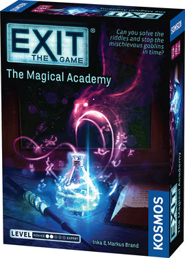 Exit: The Magical Academy game box by Thames & Kosmos featuring a mysterious glowing potion bottle and magical symbols. The game involves solving riddles and challenges to defeat mischievous goblins, suitable for novice to expert players.