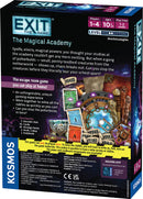 Box cover of the game 'Exit: The Magical Academy' by Thames & Kosmos. The design features vibrant illustrations of magical elements, including a decoder disk, riddle cards, and illustrations of fantastical creatures. The background showcases a magical academy theme, with colorful graphics and the title prominently displayed. The box indicates it is suitable for 1-4 players, ages 10 and up, and has a playtime of 1 to 2 hours, emphasizing its fun and challenging escape room experience.