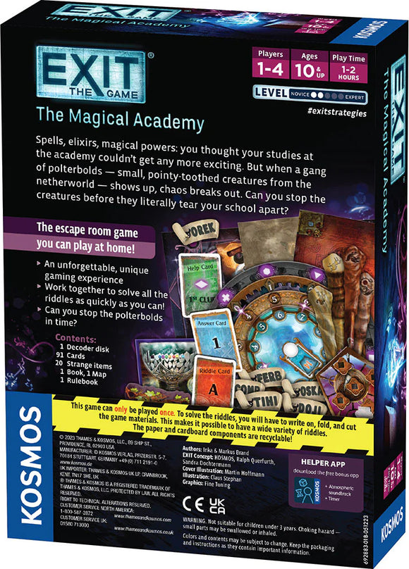 Box cover of the game 'Exit: The Magical Academy' by Thames & Kosmos. The design features vibrant illustrations of magical elements, including a decoder disk, riddle cards, and illustrations of fantastical creatures. The background showcases a magical academy theme, with colorful graphics and the title prominently displayed. The box indicates it is suitable for 1-4 players, ages 10 and up, and has a playtime of 1 to 2 hours, emphasizing its fun and challenging escape room experience.