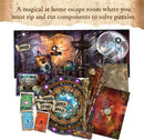 Exit: The Magical Academy game components including cards, a circular riddle board, and various magical-themed artifacts. The backdrop features mystic elements representing different elements like wind, fire, and water, inviting players into an enchanting puzzle-solving experience reminiscent of an escape room.