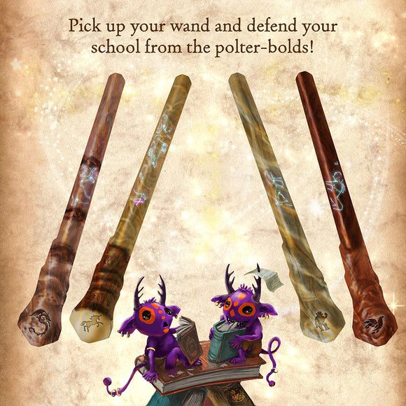 A whimsical illustration featuring four distinct magic wands displayed against a shimmering background. Two cartoonish creatures with purple bodies and playful expressions sit on a stack of books in the foreground, inviting players to engage with the game's magical theme. The text above encourages players to pick up their wands and defend the school from mischievous poltergeists.