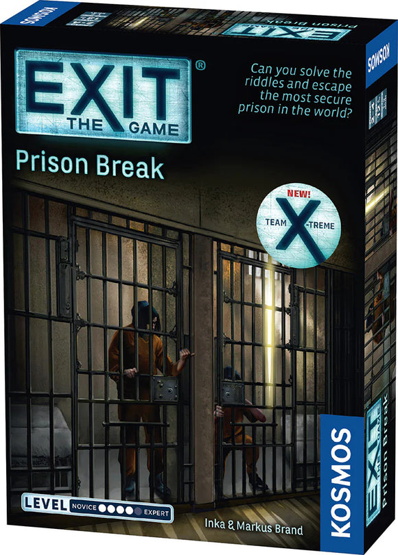 Box cover of the Exit: Prison Break game by Thames & Kosmos. The design features a dimly lit prison with two inmates in orange jumpsuits behind metal bars, attempting to escape. The title is prominently displayed at the top, along with an intriguing tagline about solving riddles to escape the world’s most secure prison.