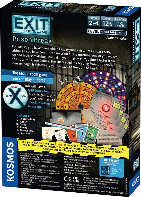 The 'Exit: Prison Break' game by Thames & Kosmos features a captivating escape room adventure. The box showcases vibrant graphics, including game components like a decoder disk, clues, and various riddles. Designed for 2-4 players aged 12 and up, this thrilling game challenges teams to work together to solve puzzles and escape within 1-2 hours. The back of the box includes intriguing narratives and gameplay instructions, highlighting the immersive experience of breaking free from incarceration.