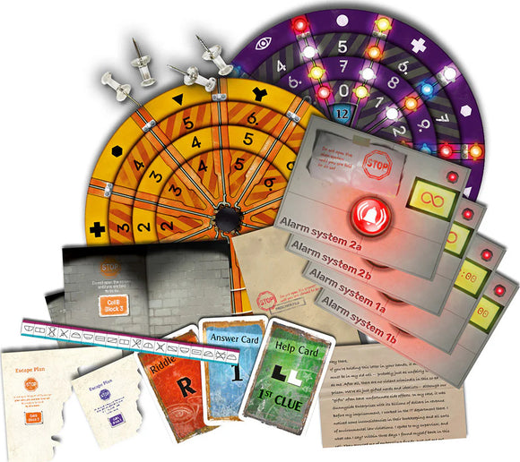 The Exit: Prison Break board game by Thames & Kosmos featuring various game components including cards, an alarm system, riddles, and an escape plan. The game includes a colorful wheel with numbers and lights, hint cards, and clues. Perfect for puzzle lovers and those craving a thrilling escape experience.