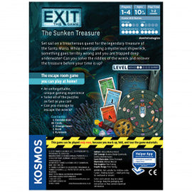 Exit: The Game: The Sunken Treasure by Thames & Kosmos is an engaging escape room game for 1-4 players. Players embark on an adventurous quest to uncover the legendary treasure of the Santa Maria, navigating through mysterious clues and solving challenging puzzles. The game's packaging features vibrant underwater graphics and includes various components like cards and puzzle pieces, designed to immerse players in a thrilling treasure hunt experience.