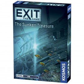 Exit: The Game: The Sunken Treasure is an escape room-style board game by Thames & Kosmos. The game box features an underwater scene with a shipwreck and fish, inviting players to solve puzzles and uncover treasures as they explore the mysteries of a sunken pirate ship. Suitable for ages 12 and up, it offers an engaging challenge for 1 to 4 players.