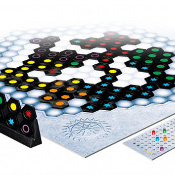 Ingenious game by Thames & Kosmos featuring a colorful hexagonal grid with various colored tokens. The board layout displays strategic paths and includes a scoring sheet for tracking points. Engaging gameplay encourages critical thinking and strategic planning.