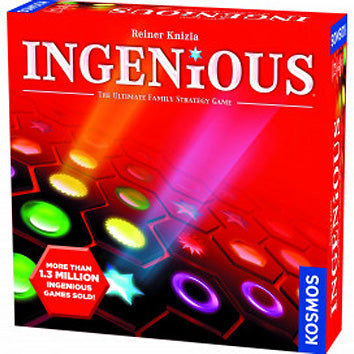 Ingenious is a vibrant family strategy game designed by Reiner Knizia, featuring colorful circular tokens on a striking red box. It highlights the game's popularity with a note on more than 1.3 million units sold, making it an engaging choice for family game nights.
