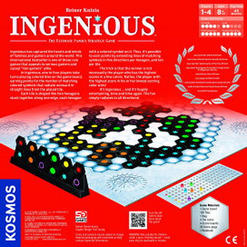 Ingenious board game by Thames & Kosmos displayed in its packaging. The game features a hexagonal grid with various colored tiles and game pieces. Instructions and game details are visible on the back, along with symbols indicating the number of players and age suitability. The vibrant colors and strategic layout promise an engaging gameplay experience.