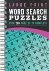 Cover of the Large Print Word Search Puzzles book by Cottage Door Press. The cover features a vibrant design with a spiral binding, showcasing bold text that reads 'Large Print Word Search Puzzles' and 'Over 200 Puzzles to Complete.' The background includes a colorful grid filled with letters, inviting puzzle enthusiasts to enjoy hours of challenging fun.