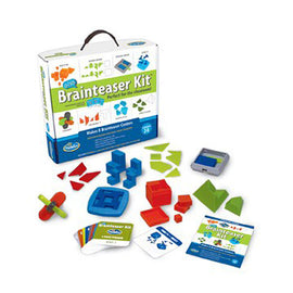 A-Ha! Brainteaser Kit by Thinkfun, 2013 edition. This mechanical puzzle kit includes colorful geometric shapes, a blue display board, and instructional cards for creative problem solving. Perfect for classrooms and educational play, promoting cognitive skills and hands-on learning. Packaged in a sturdy box.