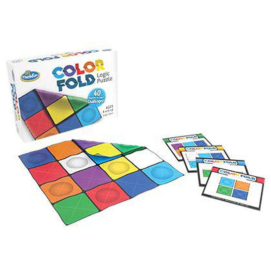 The Color Fold puzzle by Thinkfun, featuring a colorful folding puzzle board with various shapes and colors. The set includes challenge cards set against a vibrant design, perfect for enhancing logical thinking and problem-solving skills in players aged 4 and up.