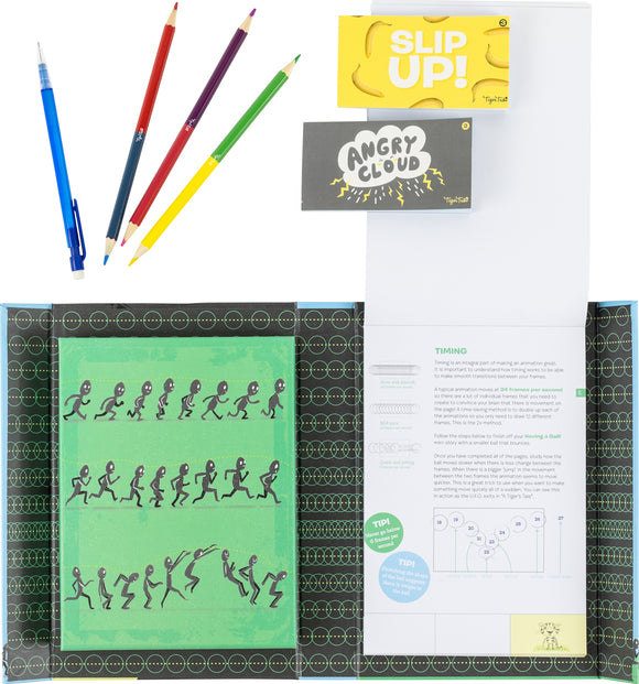 The Flip Book Kit by Tiger Tribe features a colorful flip book with animated figures in motion, colored pencils, a pen, and instructional cards. The kit helps users create their own animated stories, encouraging creativity and artistic expression.