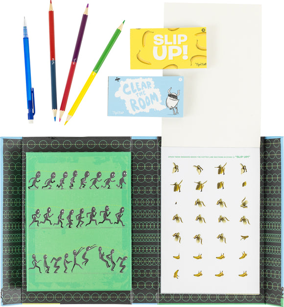 The Flip Book Kit by Tiger Tribe features a flip book with illustrated stick figures in motion on a green background, colorful pencils, and two small game cards: 'Slip Up!' and 'Clear the Room'. The kit promotes creativity and fun, making it suitable for both kids and adults.