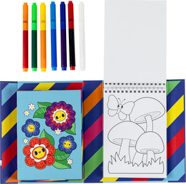 The Colour Change Coloring Set Gar by Tiger Tribe includes a variety of vibrant markers in colors such as orange, green, blue, and red, arranged above a coloring pad. The pad features a whimsical design with smiling flowers and a butterfly illustration on the page, inviting creativity and colorful artistry for children. The set is great for engaging young artists in imaginative coloring activities.