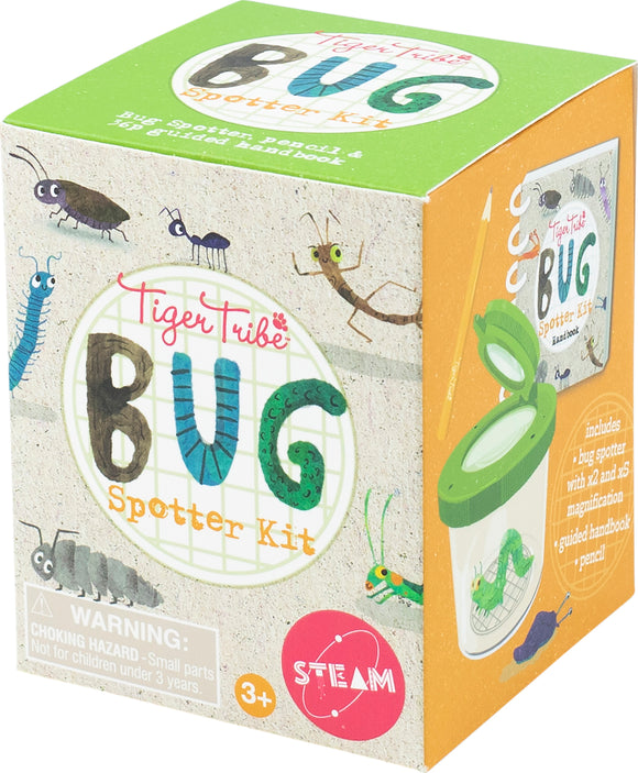 The Bug Spotter Kit by Tiger Tail features a brightly colored box showcasing various illustrated bugs, including ants and caterpillars. The kit includes a bug spotting tool with magnification capabilities and a guided handbook for insect observation. It promotes STEAM learning for kids aged 3 and above.