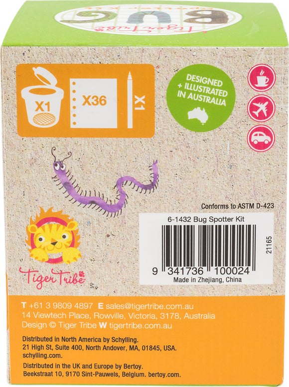 The Bug Spotter Kit by Tiger Tribe features a playful design with colorful graphics, showcasing a whimsical centipede character. The kit includes a bug-catching container and a notepad with 36 pages, encouraging outdoor exploration and creativity. Designed and illustrated in Australia, this kit is perfect for aspiring young naturalists.