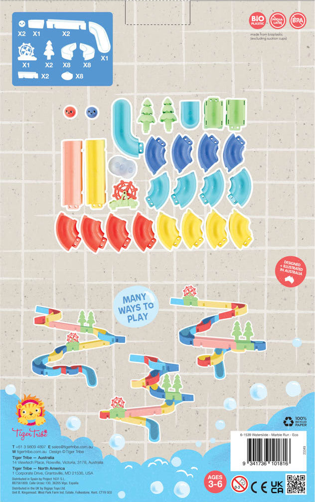The Waterslide Marble Run by Tiger Tribe features colorful, interlocking plastic pieces in various shapes, including slides, curves, and trees. The design allows for multiple configurations, promoting creative play for children ages 3-6. The packaging showcases a playful layout of the assembled run, emphasizing fun and imagination. Each component is made from eco-friendly materials, contributing to a sustainable play experience.