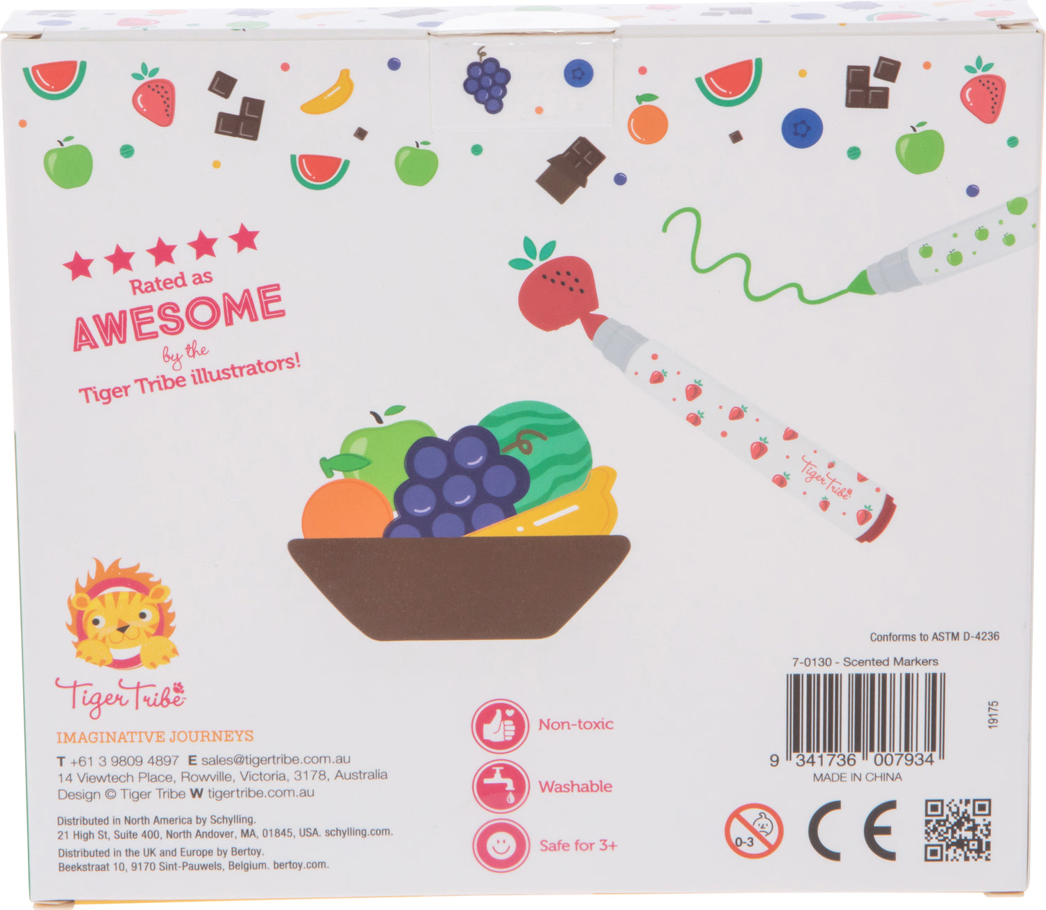 Packaging for Tiger Tribe Scented Markers featuring colorful illustrations of fruits and candies. The front shows a bowl of fruit with two markers, one red with a strawberry tip and one green, highlighted as non-toxic, washable, and suitable for children aged 3 and up.