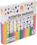 A colorful box of scented markers by Tiger Tribe. The box contains eight markers, each decorated with fun fruit and chocolate designs. The markers are neatly arranged, showcasing vibrant colors, and are suitable for ages 3 and up. A warning label indicates a choking hazard for small parts.