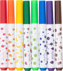 A set of eight vibrant scented markers by Tiger Tribe, featuring colorful caps in red, orange, yellow, green, blue, purple, and brown. Each marker has fun fruit-themed designs on the barrel, including strawberries, oranges, bananas, watermelons, green apples, blueberries, grapes, and chocolate pieces.