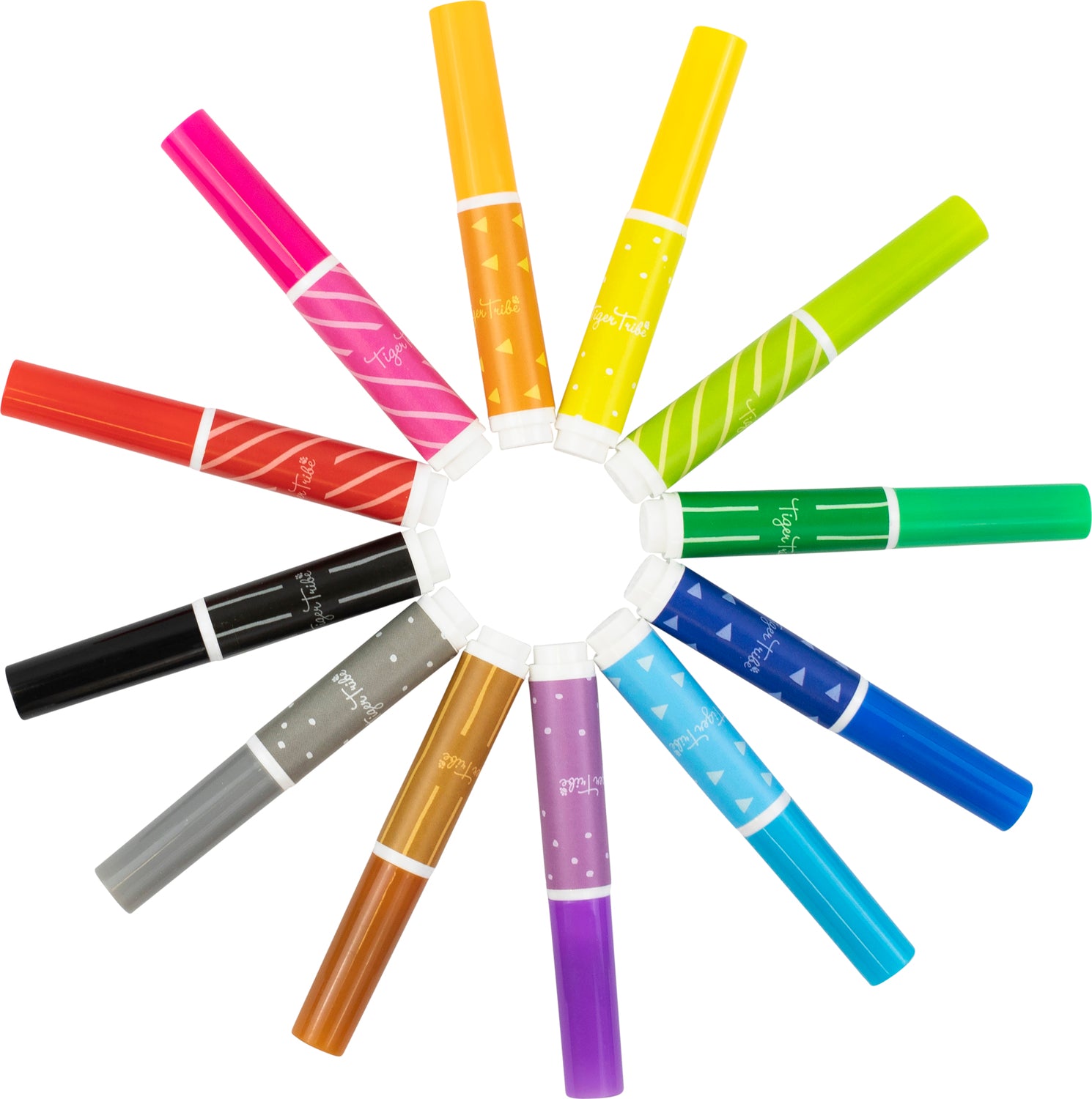 A vibrant set of Junior Markers by Tiger Tribe, arranged in a circular pattern. The markers feature a variety of colors including red, pink, orange, yellow, green, blue, and purple, each showcasing unique designs such as stripes and dots, perfect for enhancing creativity in arts and crafts projects.