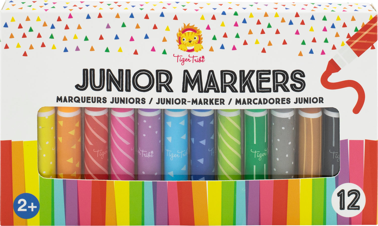 A vibrant packaging of Junior Markers from Tiger Tribe, featuring 12 colorful markers in various designs. Ideal for kids aged 2 and above, encouraging creativity and artistic expression.