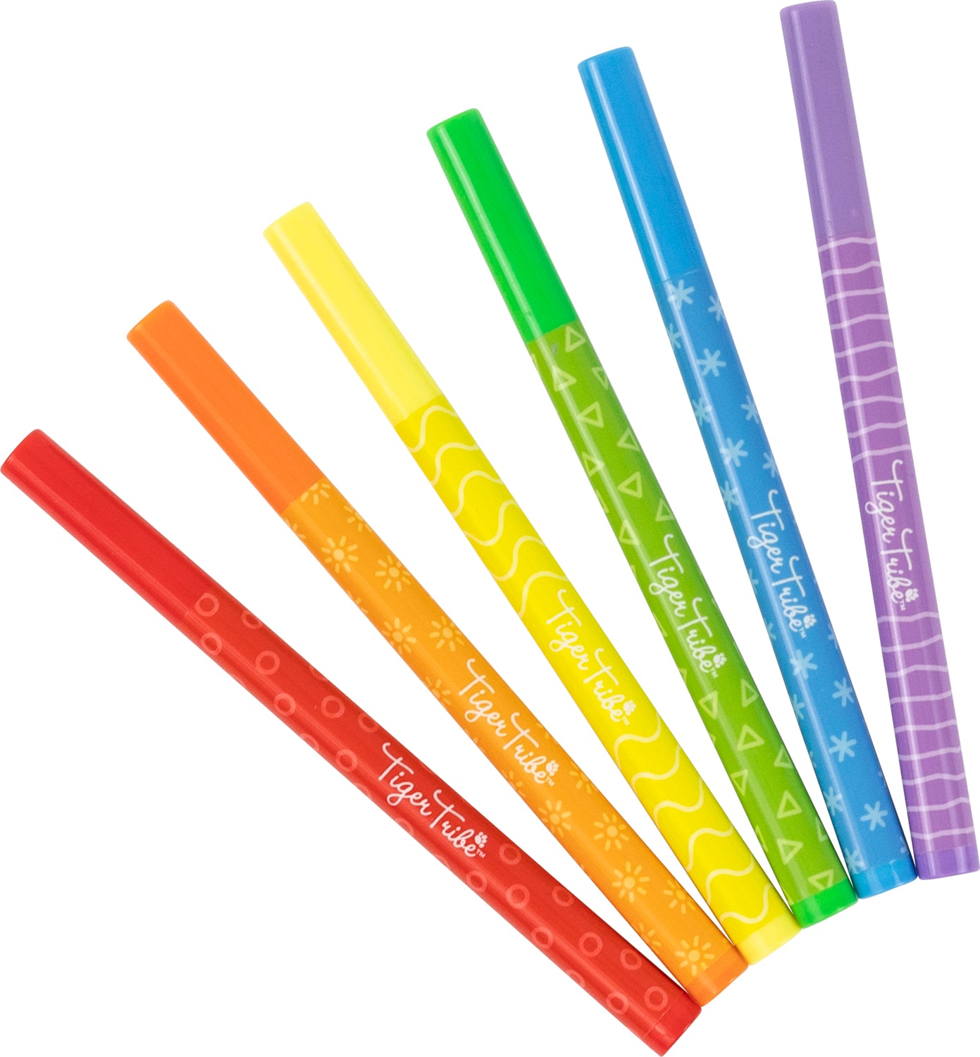 A set of six vibrant window markers by Tiger Tribe, showcasing colors including red, orange, yellow, green, blue, and purple. Each marker features unique patterns like dots, waves, and shapes on the barrel, perfect for creative drawing on glass surfaces.