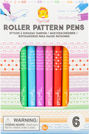 A colorful set of six Roller Pattern Pens by Tiger Tribe is displayed in a vibrant packaging. Each pen features unique patterns, including dots, stars, and hearts, in various bright colors like green, blue, pink, red, and orange. The packaging highlights fun designs that can be created with these pens, making them perfect for arts and crafts activities for kids aged 5 and up.