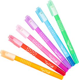 A vibrant set of six Roller Pattern Pens by Tiger Tribe, featuring an array of colors including pink, orange, red, purple, blue, and green. Each pen has a unique pattern designed for creative writing and drawing.