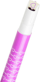 Close-up of a Roller Pattern Pen by Tiger Tribe, featuring a vibrant pink barrel adorned with white heart patterns. The pen has a unique tip that allows for creative designs.