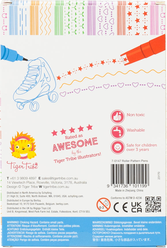 Pack of Roller Pattern Pens by Tiger Tribe featuring colorful designs and playful graphics. The packaging highlights features like non-toxic ink, washable colors, and safety for children over 3 years. Ideal for creative projects and fun activities, these pens encourage artistic expression in kids.