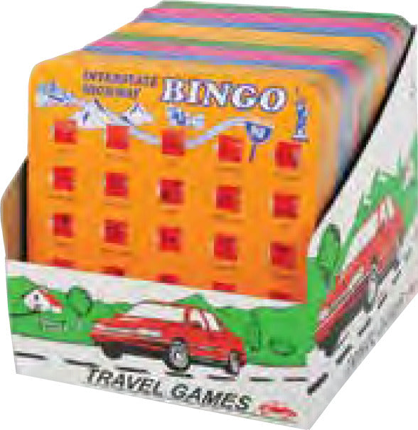 Original Travel Bingo game by Regal Games featuring a colorful orange bingo card with squares. The packaging shows a red car on a travel-themed background, perfect for entertaining family and friends on the go.