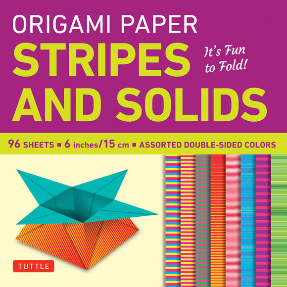 Pack of origami paper stripes and solids featuring 96 sheets of double-sided colors, each measuring 6 inches (15 cm). The cover showcases a folded origami star in vibrant colors and displays various striped and solid papers in an array of colors.