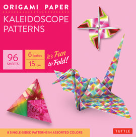 Origami Paper Kaleidoscope Patterns kit by Tuttle featuring 96 sheets of colorful, single-sided origami paper. Includes bright designs suitable for various origami creations, ideal for both beginners and enthusiasts.