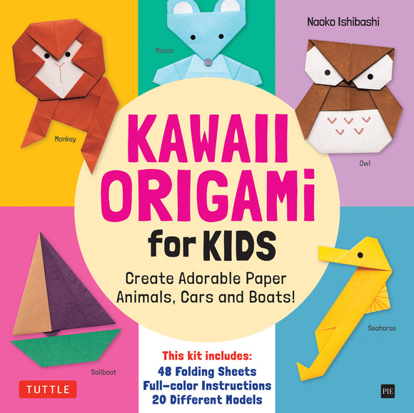 A colorful DIY kit titled 'Kawaii Origami for Kids' made by Tuttle. The cover features various cute origami designs including a monkey, mouse, owl, seahorse, and sailboat. The kit includes 48 folding sheets and full-color instructions for creating 20 different adorable paper models.