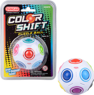 Duncan Color Shift Puzzle Ball, a mechanical puzzle designed for ages 6 and up, featuring a vibrant white body with colored panels in red, blue, green, and pink. The puzzle comes in packaging showcasing its playful design and indicates it's great for beginners.